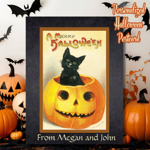 Een Merry Halloween  Retro Black Cat Custom Briefkaart