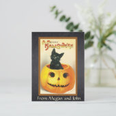 Een Merry Halloween  Retro Black Cat Custom Briefkaart (Staand voorkant)