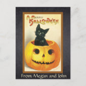 Een Merry Halloween  Retro Black Cat Custom Briefkaart (Voorkant)