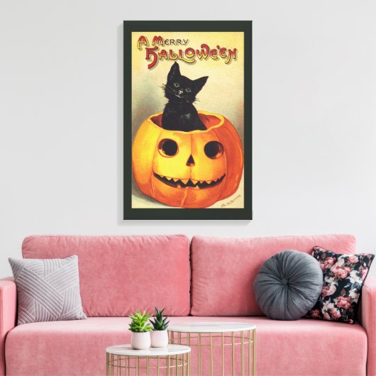 Een Merry Halloween van Ellen Clapsaddle, Kat Canvas Afdruk (Insitu (Woonkamer))