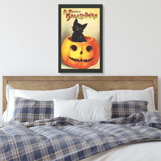 Een Merry Halloween van Ellen Clapsaddle, Kat Canvas Afdruk (Insitu (Slaapkamer))