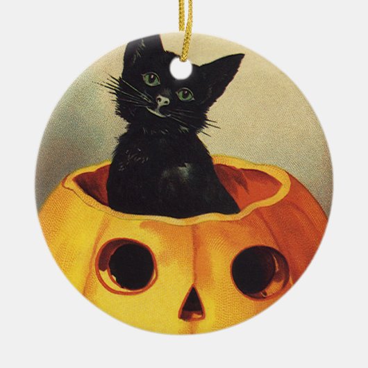 Een Merry Halloween van Ellen Clapsaddle, Kat Keramisch Ornament (Voorkant)