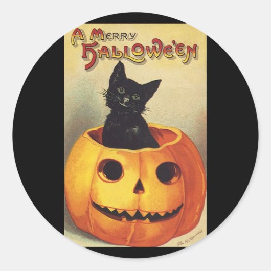 Een Merry Halloween van Ellen Clapsaddle,  Kat Ronde Sticker (Voorkant)