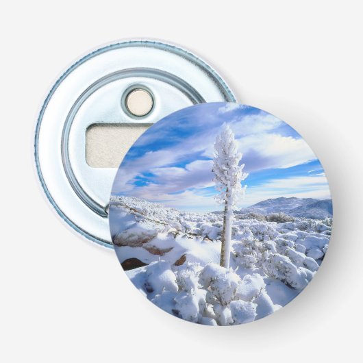 Een met sneeuw bedekte yucca button flesopener (Voorkant)
