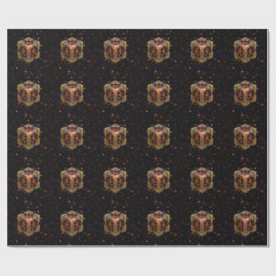 Een metalen fractal kubus met gekleurde sterrenexp cadeaupapier