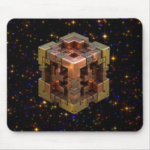 Een metalen fractal kubus met gekleurde sterrenexp muismat