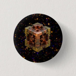 Een metalen fractal kubus met gekleurde sterrenexp ronde button 3,2 cm
