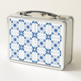Een metalen lunchdoos met een blauwe en witte