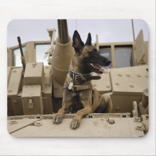 Een militaire werkhond zit op een M2A3 Muismat