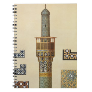 Een minaret en keramische details van de moskee va notitieboek