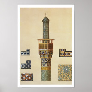 Een minaret en keramische details van de moskee va poster
