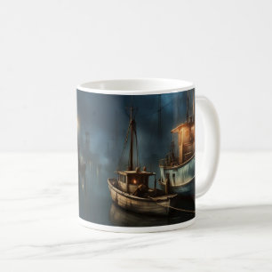 Een mistige nacht in de haven koffiemok