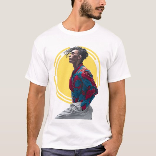 Een modern Man in levendige, Abstracte app T-shirt (Voorkant)