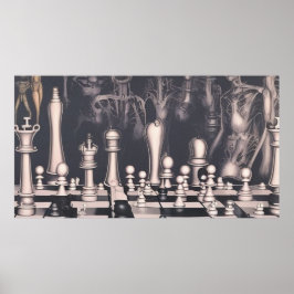 Een modern, surrealistisch abstract schaakbord met poster