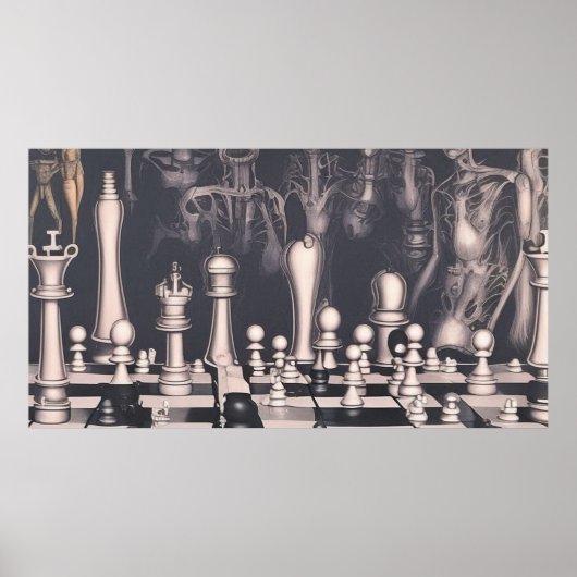 Een modern, surrealistisch abstract schaakbord met poster (Voorkant)