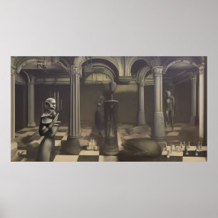 Een modern surrealistisch abstract schaakbord mono poster