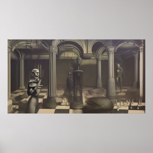 Een modern surrealistisch abstract schaakbord mono poster (Voorkant)