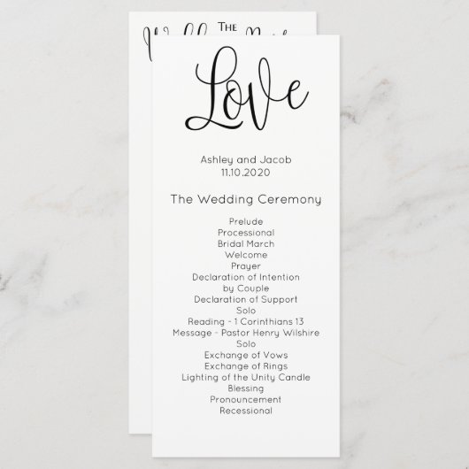 Een modern trouwprogramma. Liefs. Eenvoudige cerem Programmakaart (Voorkant / Achterkant)
