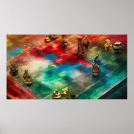 Een moderne abstracte blauwgroen goudschaakplaat poster