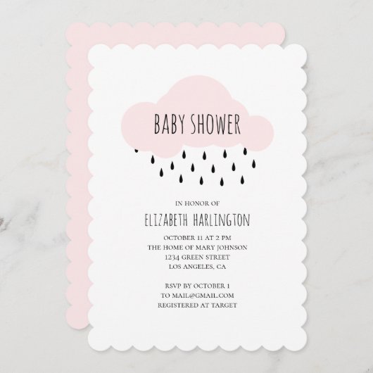Een moderne baby shower uitnodiging. Roze wolk Kaart (Voorkant / Achterkant)
