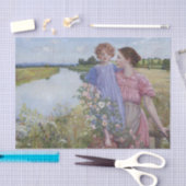 Een moeder en kind bij een rivier met wilde Rozen Tissuepapier (Craft)