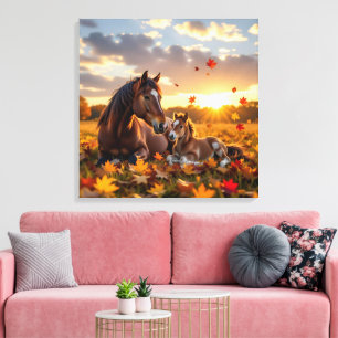 Een moederpaard en haar veulen in de herfst canvas afdruk