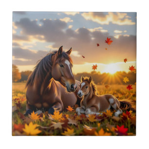 Een moederpaard en haar veulen in de herfst tegeltje