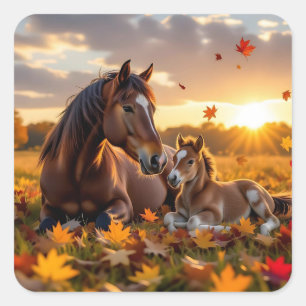 Een moederpaard en haar veulen in de herfst vierkante sticker