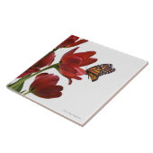 een monarch bezoekt een bouquet rode tulpen tegeltje (Zijkant)