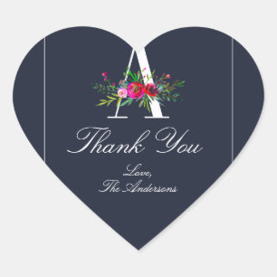 Een Monogram Laatste Initiaal Modern Blauwe Bloemi Hart Sticker