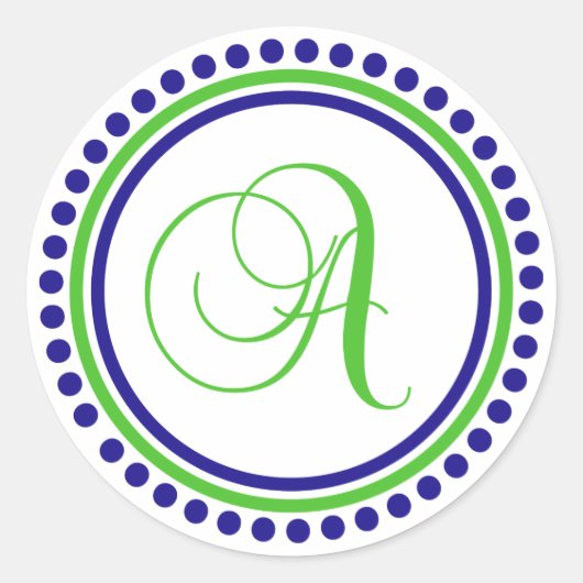 Een monogram (marineblauw / lime groene puntcirkel ronde sticker (Voorkant)
