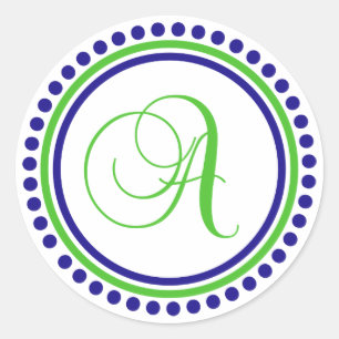 Een monogram (marineblauw / lime groene puntcirkel ronde sticker