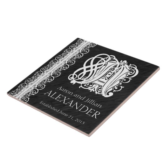 Een Monogram "Witte Kant op Zwart" Wedding Tegel Tegeltje (Zijkant)