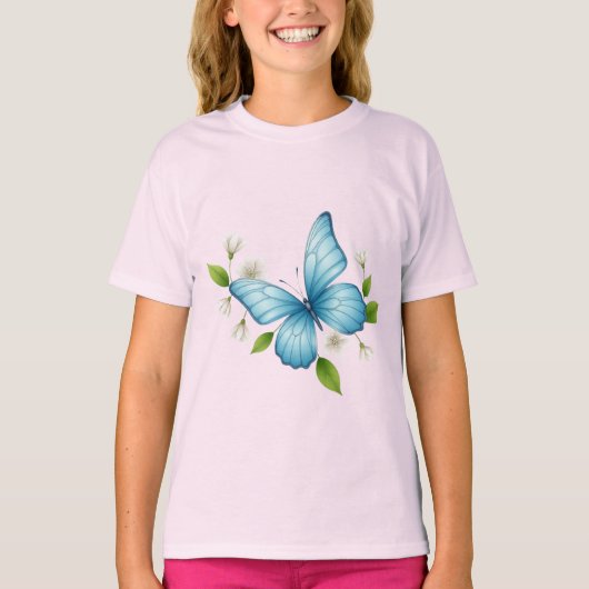 Een mooi insectenblauw vlindermeisje T-shirt (Voorkant)