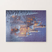 Een mooi kasteel verlicht in de sneeuw legpuzzel (Horizontaal)