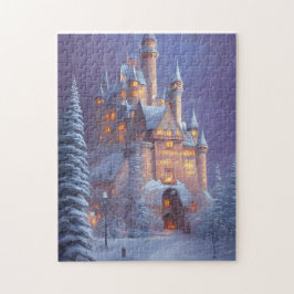 Een mooi kasteel verlicht in de sneeuw legpuzzel