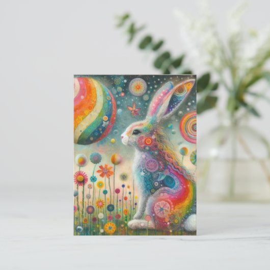 Een mooi konijn in wilde bloemen Surreal Briefkaart (Staand voorkant)