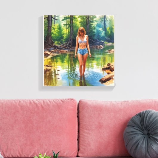 Een mooi meisje in vijverolie kleur Schilderen Canvas Afdruk (Insitu (Woonkamer))