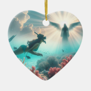 Een mooi meisje vindt een engel tijdens het snorke keramisch ornament