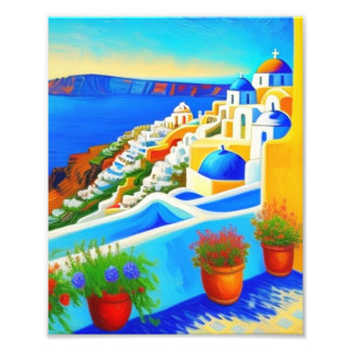 Een mooi schilderij van het eiland Santorini Foto Afdruk