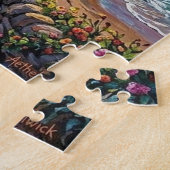 Een mooi strand dorp promenade bij zonsondergang legpuzzel (Zijkant)