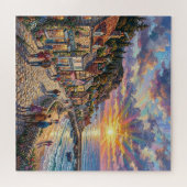 Een mooi strand dorp promenade bij zonsondergang legpuzzel (Horizontaal)