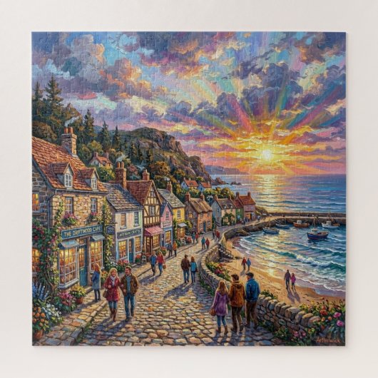 Een mooi strand dorp promenade bij zonsondergang legpuzzel (Verticaal)