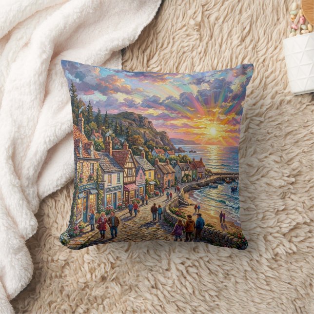 Een mooi strand dorpsbordes bij zonsondergang kussen (Deken)