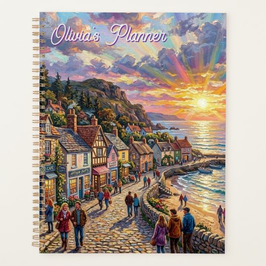 Een mooi strand dorpsbordes bij zonsondergang planner (Voorkant)