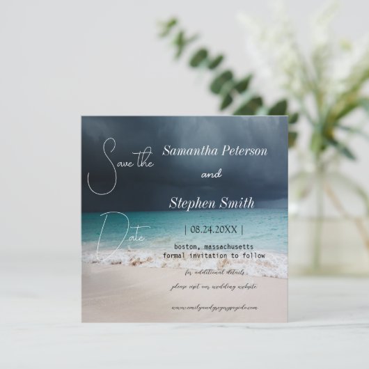 Een mooi strand op de Seychellen, je afbeelding re Save The Date (Staand voorkant)