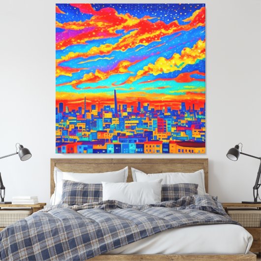 Een mooi uitzicht van een stad 's nachts canvas afdruk (Insitu (Slaapkamer))