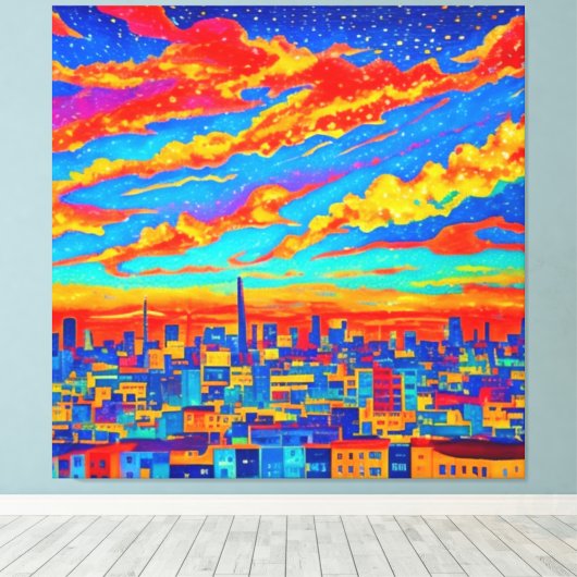 Een mooi uitzicht van een stad 's nachts canvas afdruk (Insitu (Houten vloer))