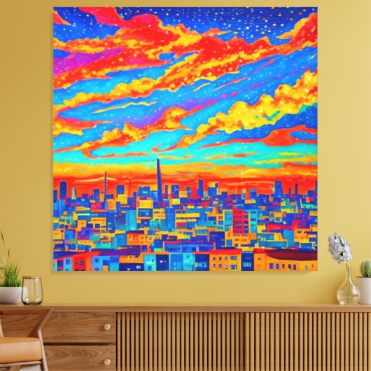 Een mooi uitzicht van een stad 's nachts canvas afdruk (Insitu (Woonkamer))