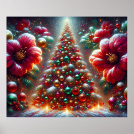 Een mooi versierde kerstboom en bloemen poster